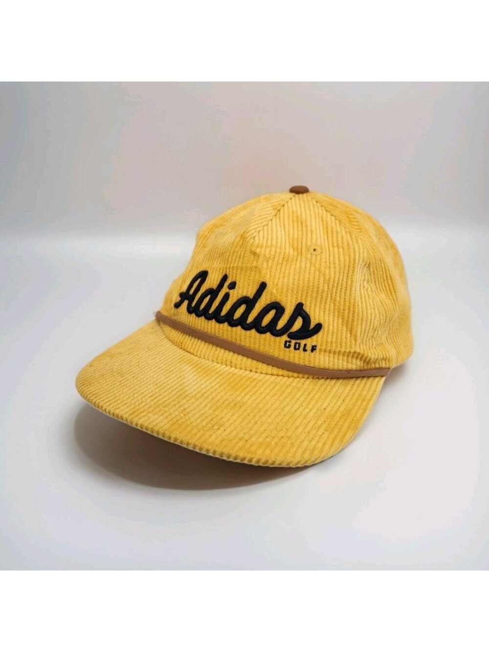 ADIDAS Golf Corduroy Leather Rope Hat Adult Adjustable 5 Panel Yellow Cap OSFM